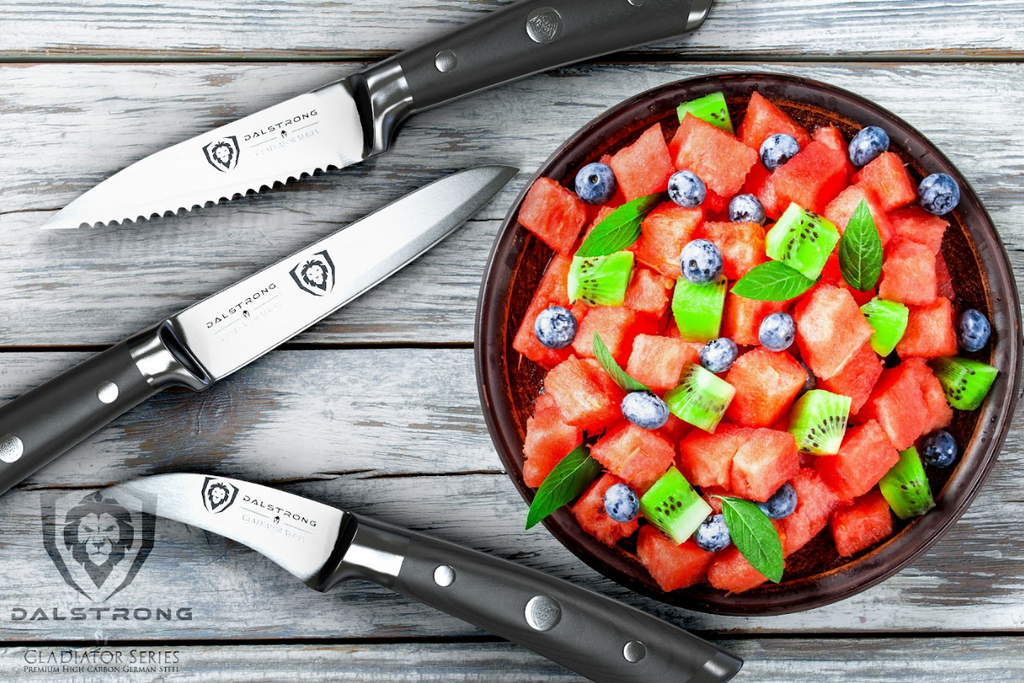 A photo of the 3-Piece Paring Knife Set Gladiator Series | NSF Certified | herniaquestions with a watermelon cut in cubes in a bowl