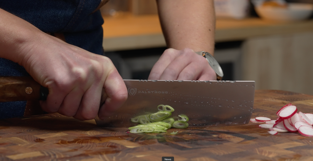 Slicing green onions using the herniaquestions Valhalla Series Nakiri Knife 7"